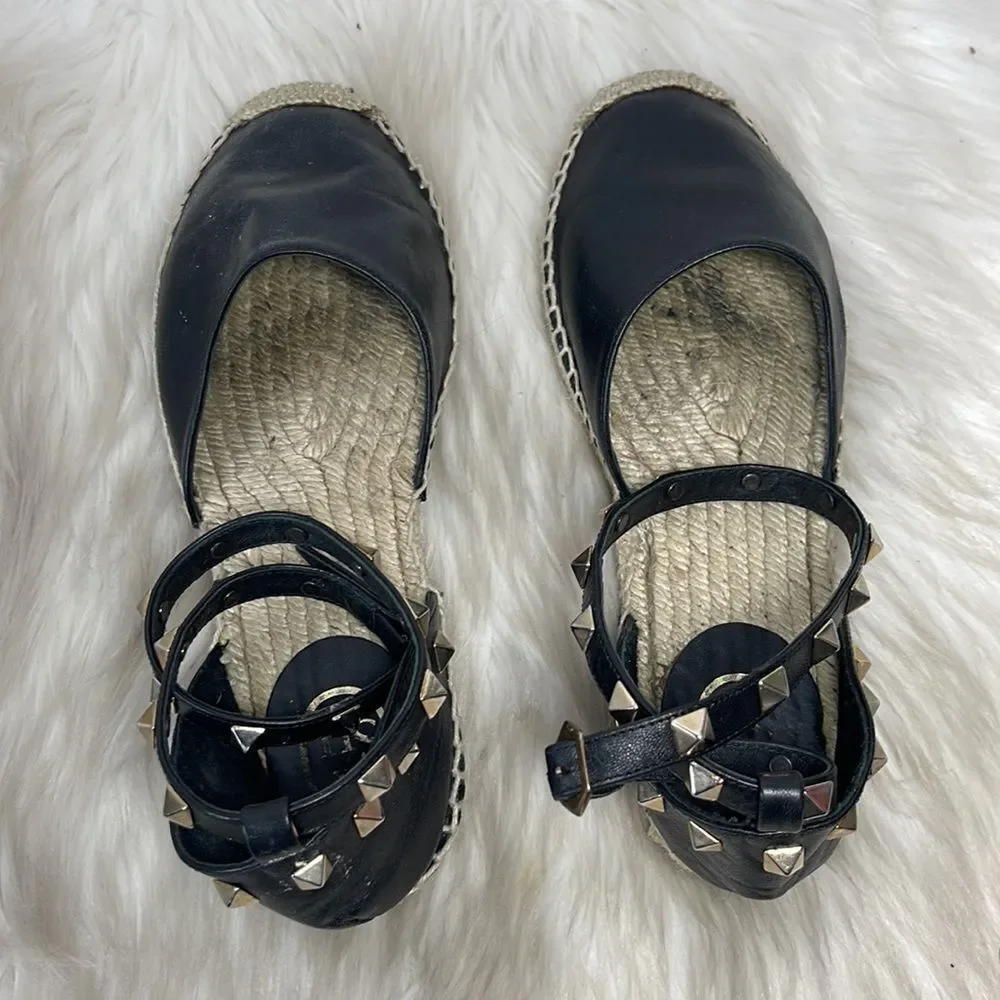 ASH Zania Black Leather Studded Dorsay Espadrilles Sz 36/6‎